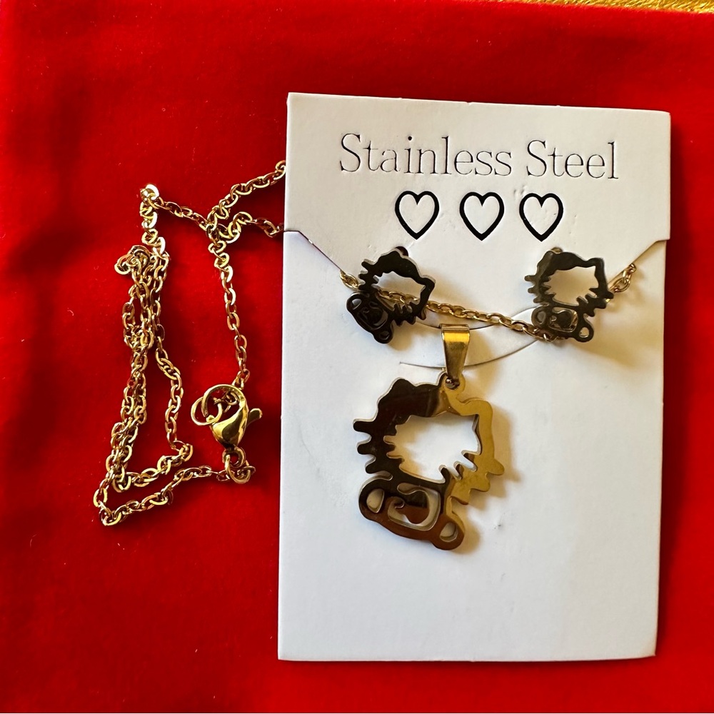 Hello Kitty Gold Tone Stainless Steel Necklace and Earrings Set
